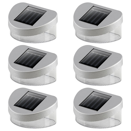 Six solar fence lights, featuring dark photovoltaic panels mounted on gray cylindrical bases.