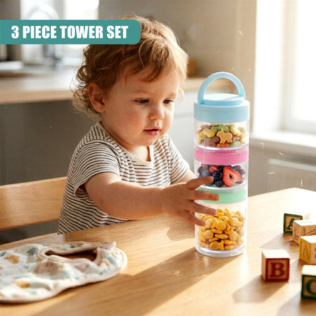 Toddler reaching toward a three-tier snack pot containing berries, grains, and vegetables.