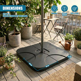 A square black cantilever parasol base measures 50 by 50 centimeters on a wooden patio deck.