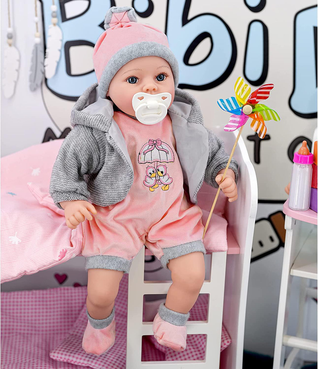 Baby Girl Doll With Dummy & Sounds Grey by BiBi Doll - UKBuyZone