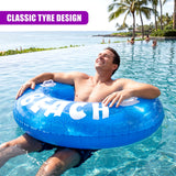 Man floating on a blue inflatable ring marked with the white letters "BEACH."