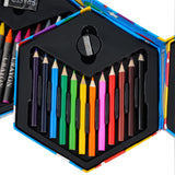 Open art set case containing several dozen colored crayons, organized and visible inside.