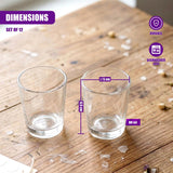 Clear glass mini dessert glasses displayed on wood, noting 5 cm diameter and 6.5 cm height.