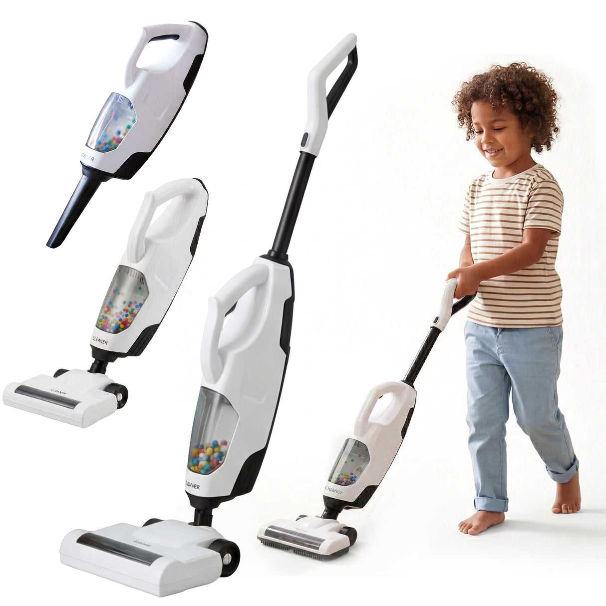 Multiple models of kid-sized Hoover vacuum cleaners displayed alongside a boy using one.