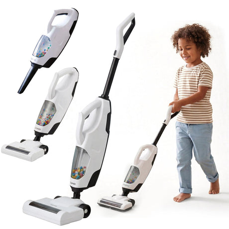 Multiple models of kid-sized Hoover vacuum cleaners displayed alongside a boy using one.
