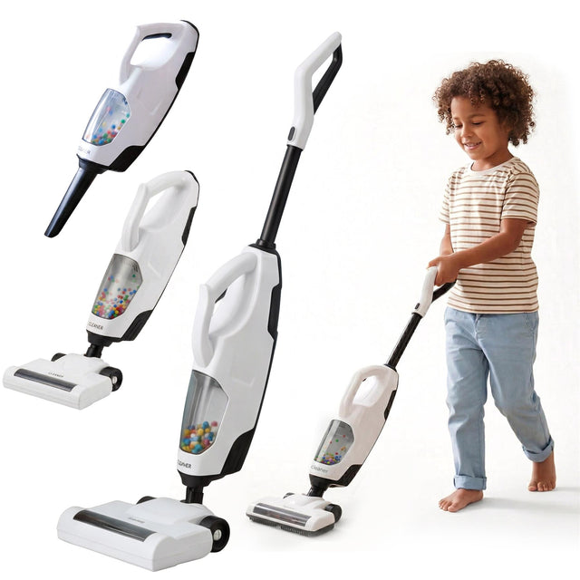 Multiple models of kid-sized Hoover vacuum cleaners displayed alongside a boy using one.