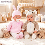 Two doll outfits are displayed: a pink bunny set and a brown bear set.
