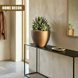 Large bronze oval pot holding succulents rests on a dark modern console table.