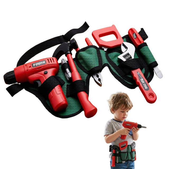 A child's toy tool belt, featuring a variety of tools, including a hammer, screwdriver, and wrench, all in a compact, child-friendly design. - UKBuyZone