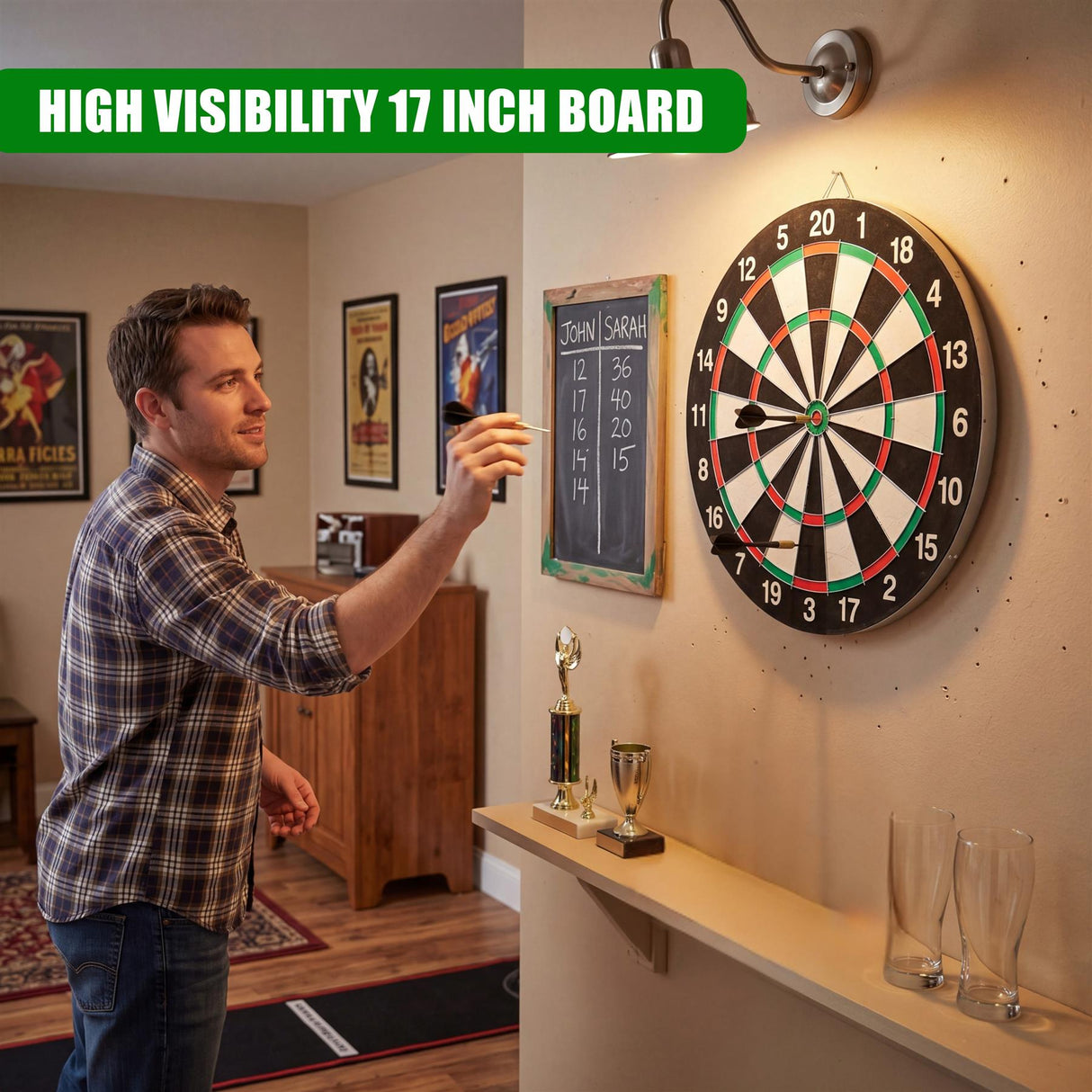 Double-sided dartboard with numbered scoring sections, d-ring, and visible throwing darts.