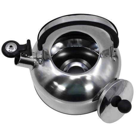 The image shows a stainless steel whistling camping kettle with a black handle. It is a 2.5 liter kettle.