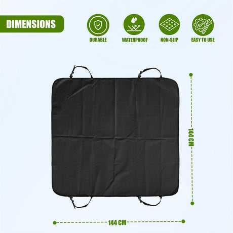Rectangular black fabric car seat cover designed for pet use, showing the maximum dimensions of 144 cm.