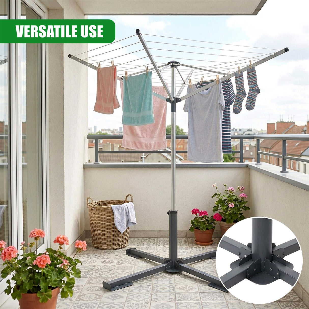 Folding metal patio drying rack structure supporting hanging laundry items on a balcony.