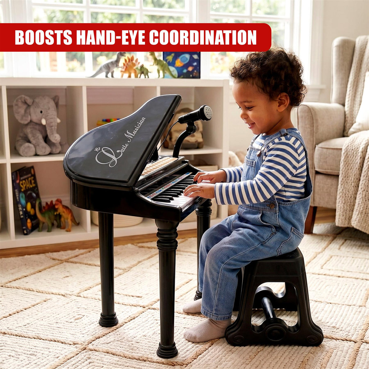 Black Electronic Piano With Microphone and Stool