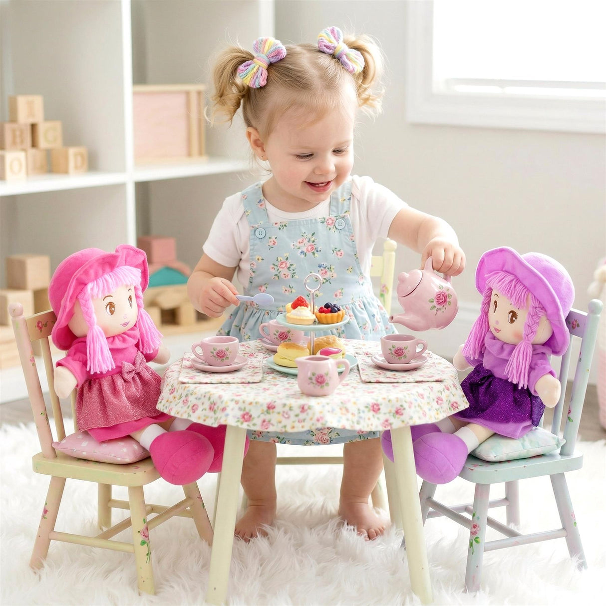 Pink-haired rag doll wearing a pink dress sits in a chair at a tea party setting.