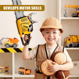 Young child wearing safety gear holds a yellow toy chainsaw and stack of round wooden discs.