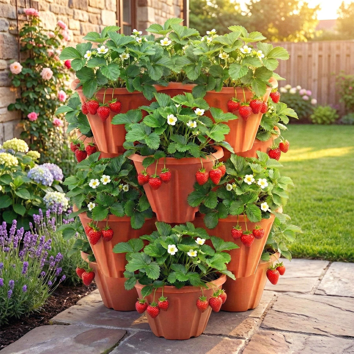 "A garden bed with strawberry plants in terracotta pots, set on a stone path, in front of flowers and plants." - UKBuyZone