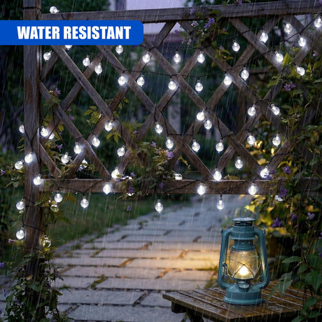Rain falls on a wooden lattice with decorative lights, near a glowing lantern resting on a bench.