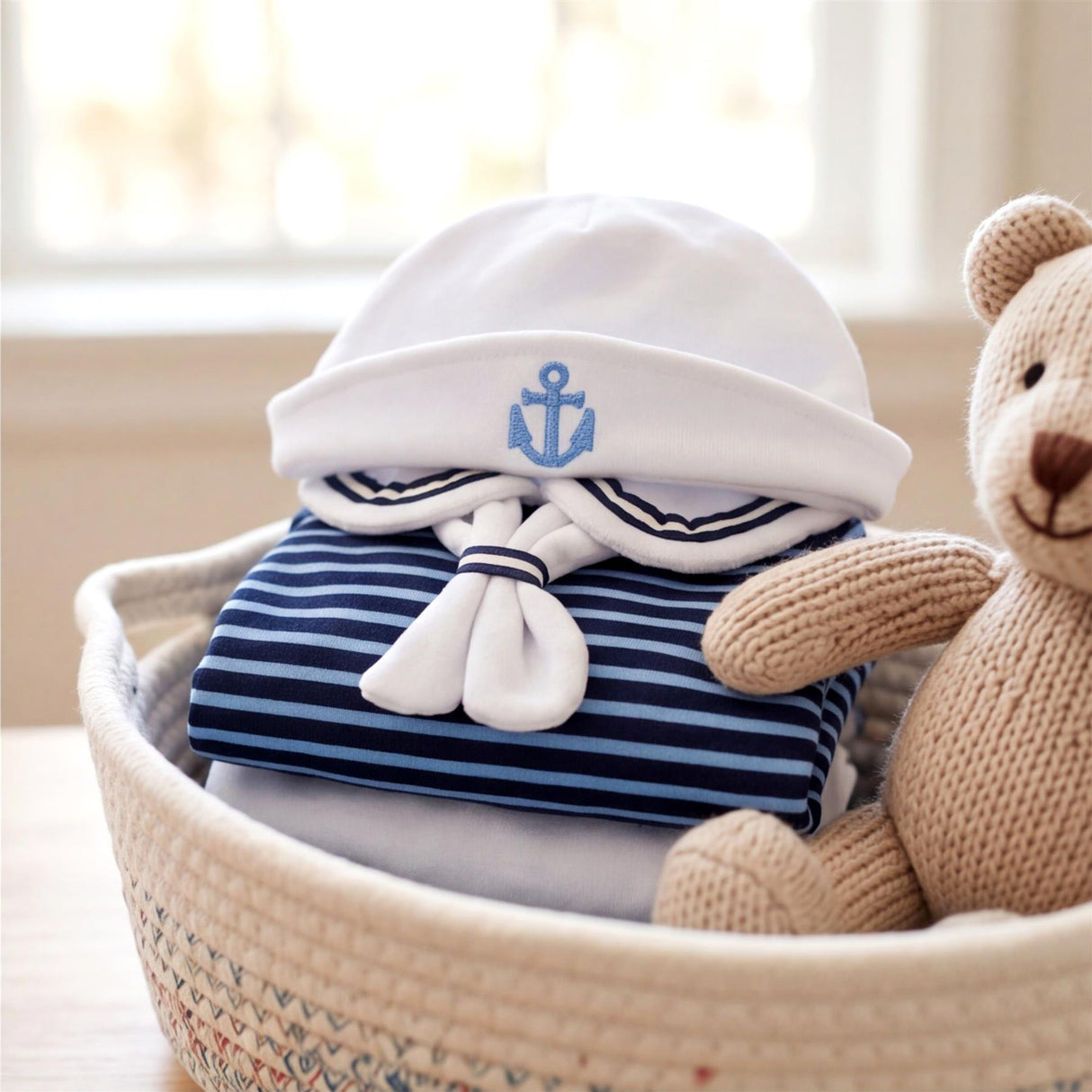 A white and blue sailor outfit with an anchor emblem sits in a basket next to a stuffed teddy bear.