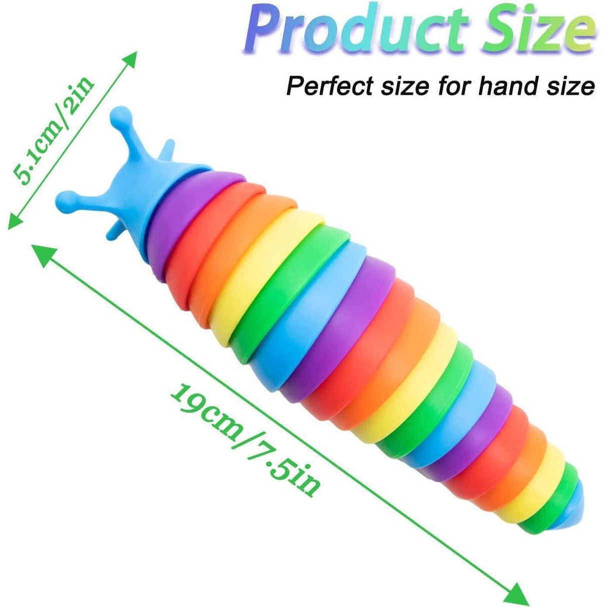 Colorful fidget slug toy shown with dimensions: 19 cm long and 5.1 cm in diameter.