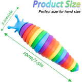Colorful fidget slug toy shown with dimensions: 19 cm long and 5.1 cm in diameter.