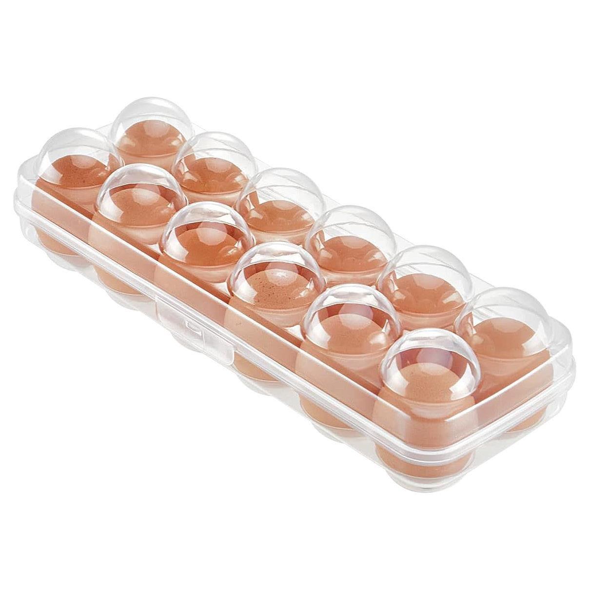 Clear plastic egg holder with twelve clear plastic eggs and lid.