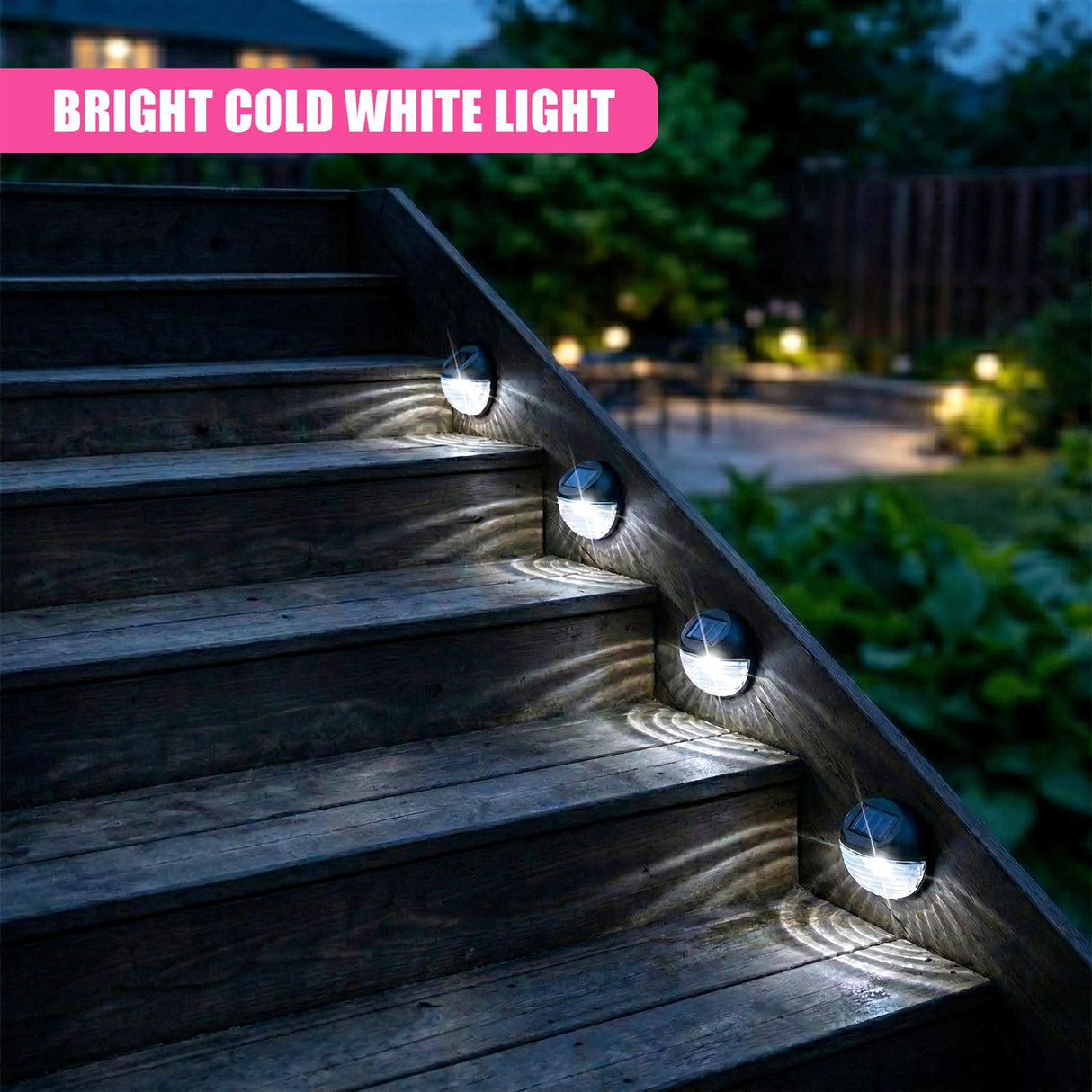 Four round, white lights illuminate wooden steps outdoors, showing solar lighting placement.
