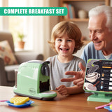 A young boy and an older man sitting at a table with a small green toy coffee machine, a toy coffee cup, and a toy digital screen displaying a coffee menu. - UKBuyZone