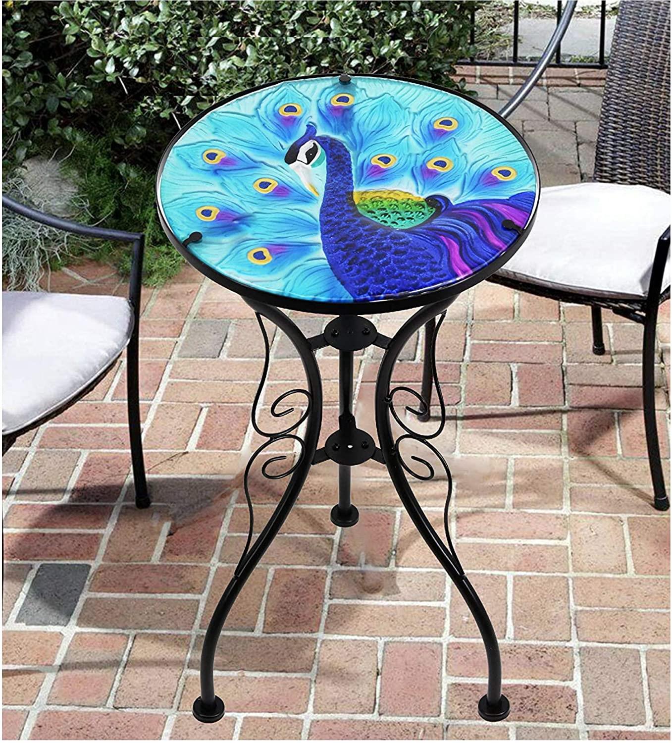 Round Side Mosaic Garden Table With Blue Peacock Design by Geezy - UKBuyZone