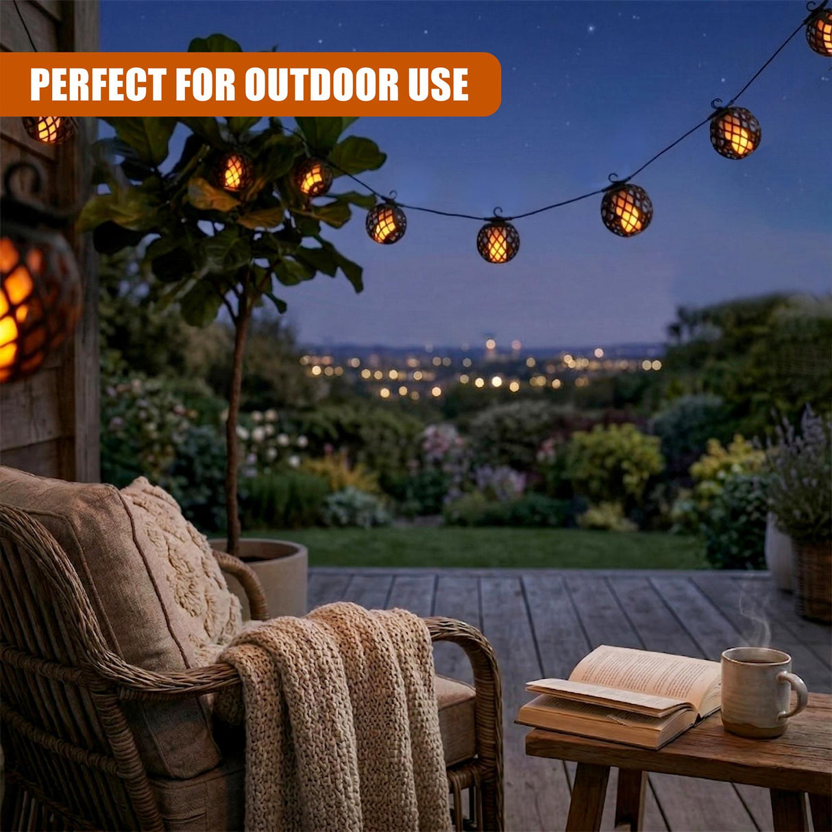 Solar string lights with rattan globe lanterns hang over a wooden patio at dusk in a garden setting.