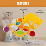 This is a photo of a colorful toy set that includes matching eggs in different shapes and sizes. The toy encourages sorting by shape and color, and it appears to be designed for young children. The image has a clear focus on the toy set, which is placed against a light background.