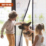 A boy and a girl pet a large dog through a window screen with vertical slats. - UKBuyZone