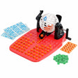Red game board, caller unit, blue cards, orange tokens, and green markers for bingo.