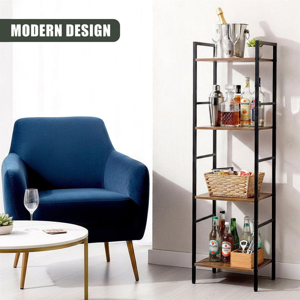 A four-tier black metal shelving unit holding various bottles, glassware, and decorative woven baskets.