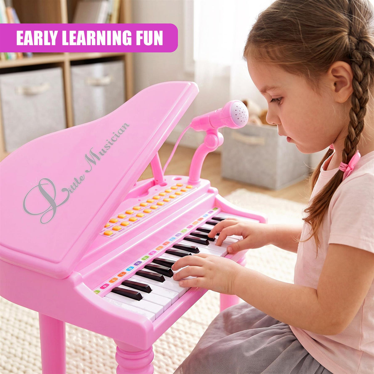 Pink Electronic Piano With Microphone and Stool