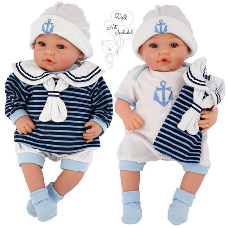 Set of two sailor outfits for dolls, featuring blue and white stripes and anchor details.