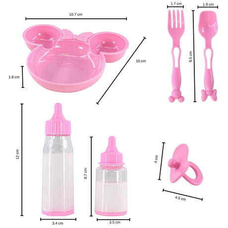 Pink plastic doll accessories set includes feeding bowls, spoons, fork, pacifier, and two bottles.