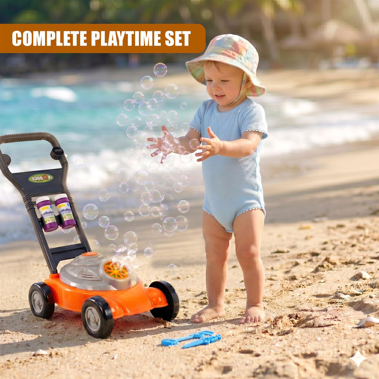 A young child plays on a beach with an orange toy bubble mower and soap bubbles.