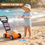 A young child plays on a beach with an orange toy bubble mower and soap bubbles.