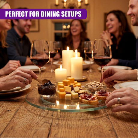 Cheese cubes, snacks, and dip are arranged on a glass turntable set on a wooden table.