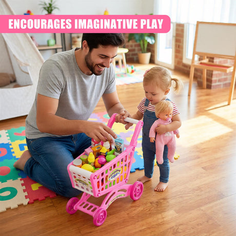 A toy shopping cart play set with a father and daughter in front of it. - UKBuyZone