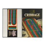 A wooden cribbage scoring board paired with a deck of playing cards.