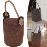 Door stop, brown leather texture, rope handle, cylindrical shape, faux fur accent. - UKBuyZone