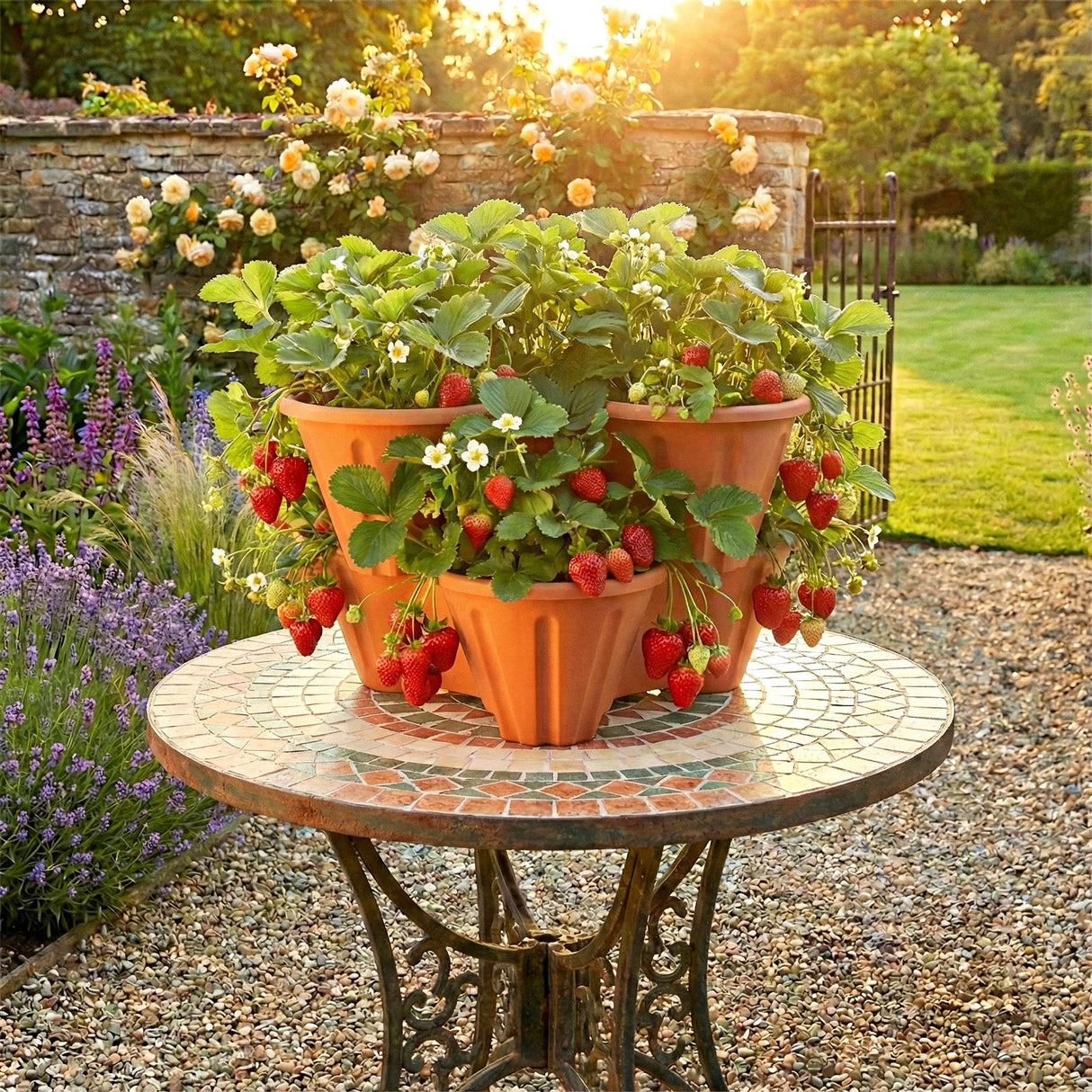 "Strawberry planter with two tiers, sitting on garden table, outdoor setting, vibrant flowers, potted plants." - UKBuyZone