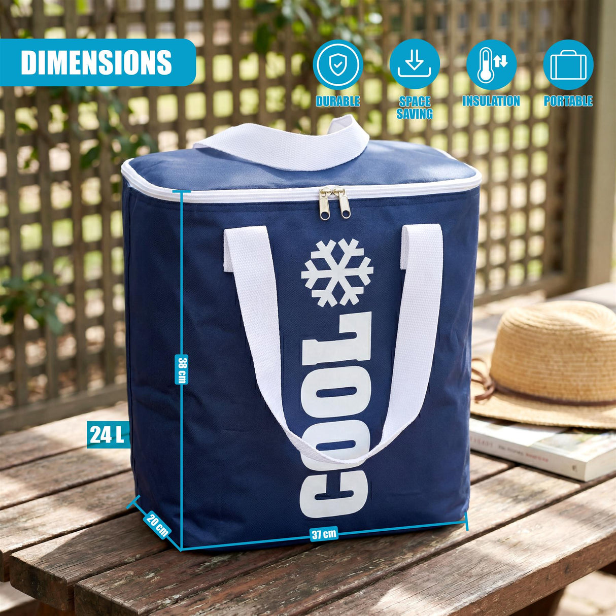 Blue cooler bag featuring white trim, vertical handles, large lettering, and a centered snowflake graphic.