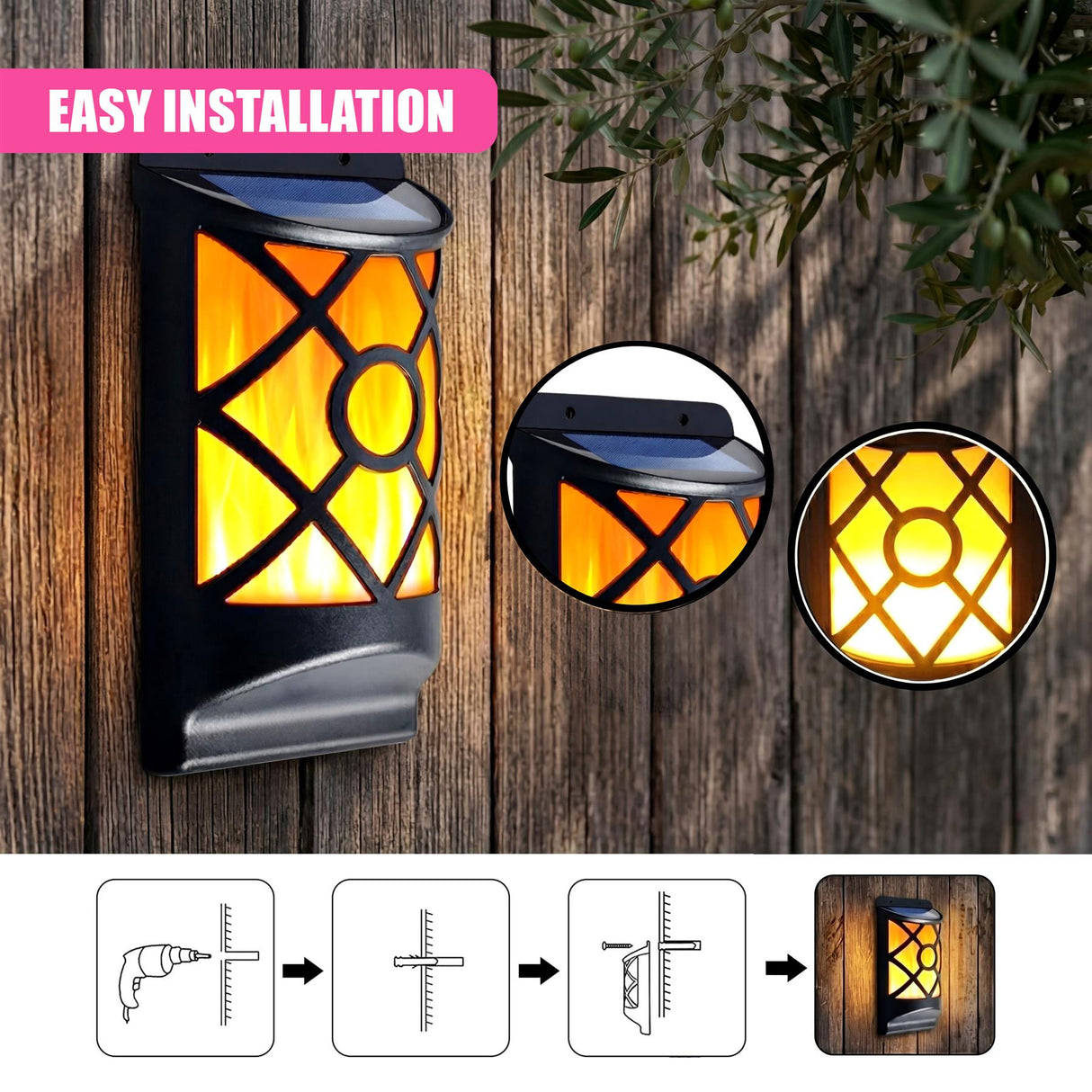 Diagrams illustrate the process of mounting the solar lantern fixture to a wooden wall.