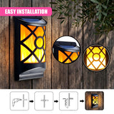 Diagrams illustrate the process of mounting the solar lantern fixture to a wooden wall.