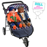 Blue twin pushchair stroller containing two dolls seated in the carriers.