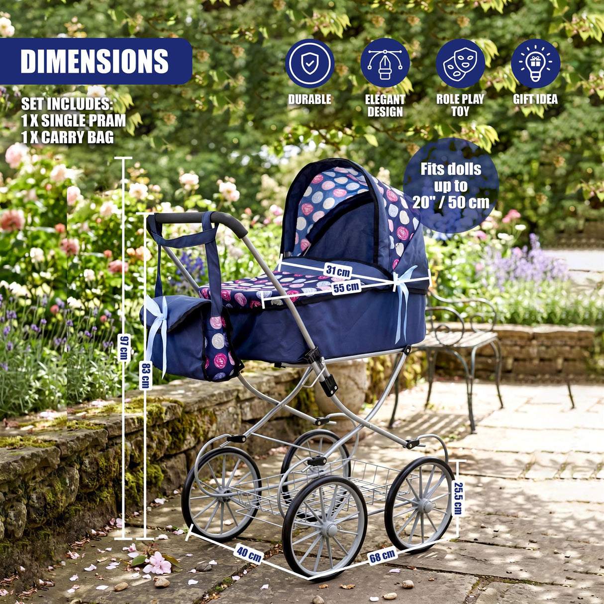 Blue and white doll pram set, including a matching carry bag, displayed on a paved outdoor surface.