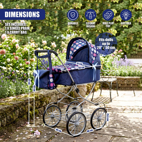 Blue and white doll pram set, including a matching carry bag, displayed on a paved outdoor surface.